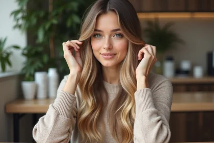 Jeune femme aux cheveux balayage dans un salon moderne