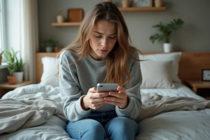 Jeune femme réfléchissant en regardant son smartphone
