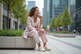 Jeune femme en blazer pastel dans un environnement urbain moderne