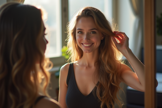 Jeune femme se coiffant dans un studio lumineux pour un casting
