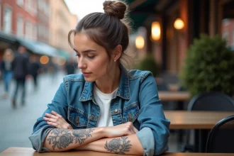 Jeune femme avec tatouage de fleurs en ville