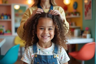 Jeune fille souriante avec cheveux bouclés dans un salon de coiffure