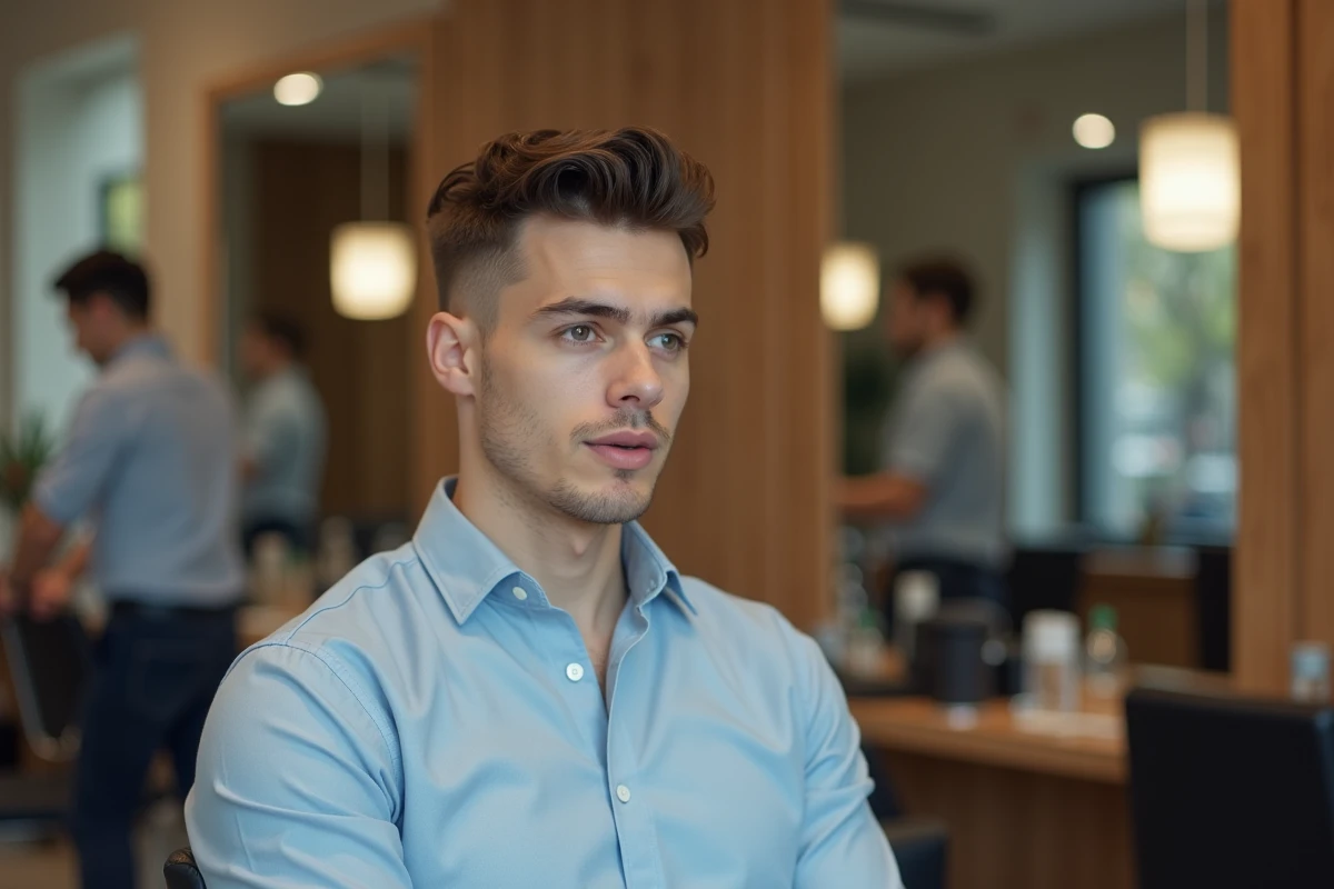 Jeune homme en salon de coiffure urbain et moderne