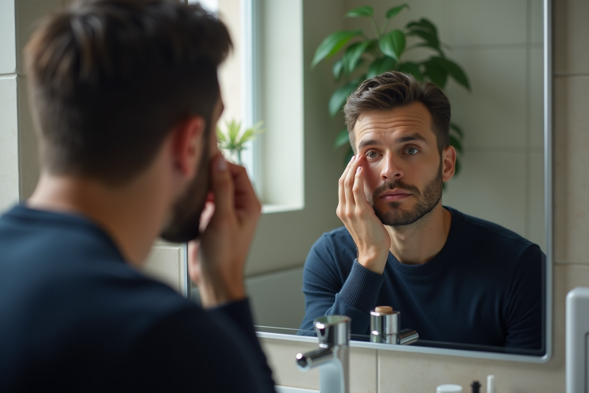 Jeune homme appliquant du concealer dans sa salle de bain