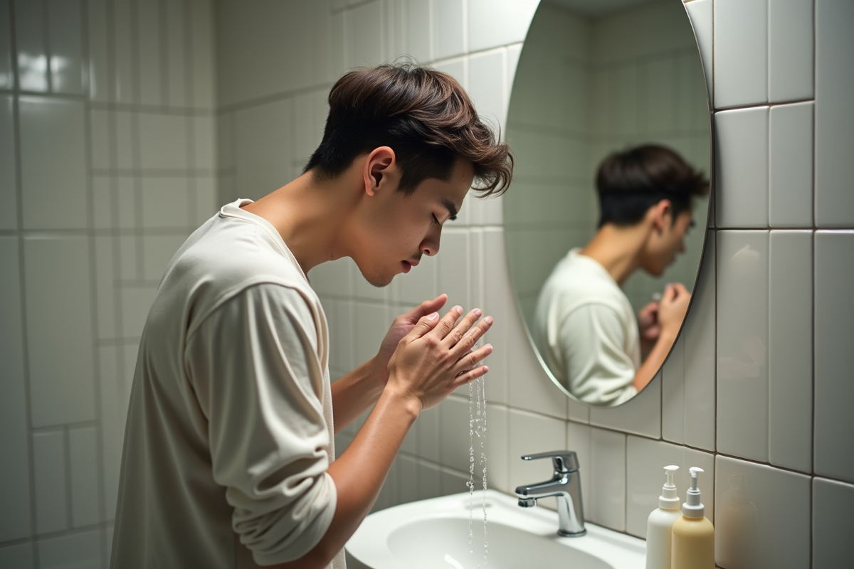 Jeune homme se rinçant le visage dans sa salle de bain