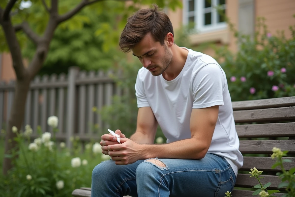 Jeune homme appliquant miel sur une blessure au genou