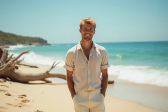 Jeune homme souriant sur la plage en été avec tenue décontractée