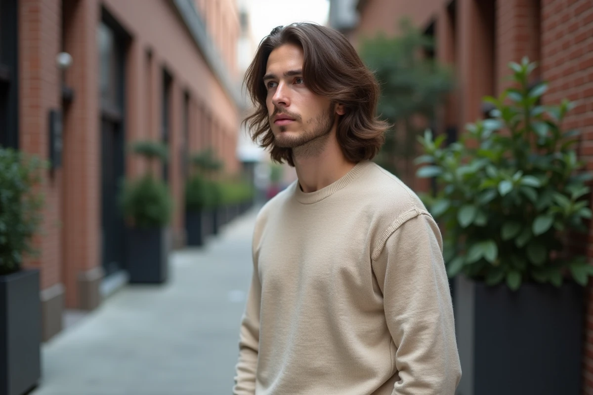 Jeune homme avec cheveux longs dans une rue urbaine