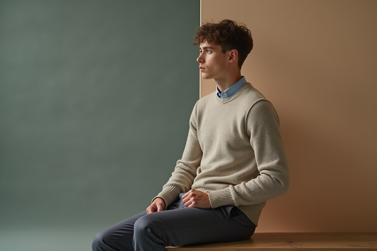 Jeune homme en tenue casual posant en studio moderne