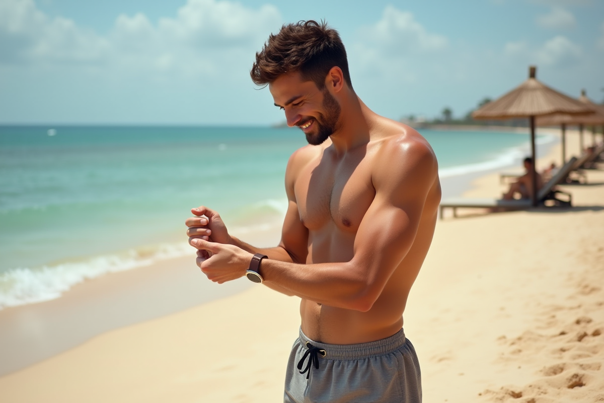 Jeune homme vérifiant ses lignes de bronzage à la plage