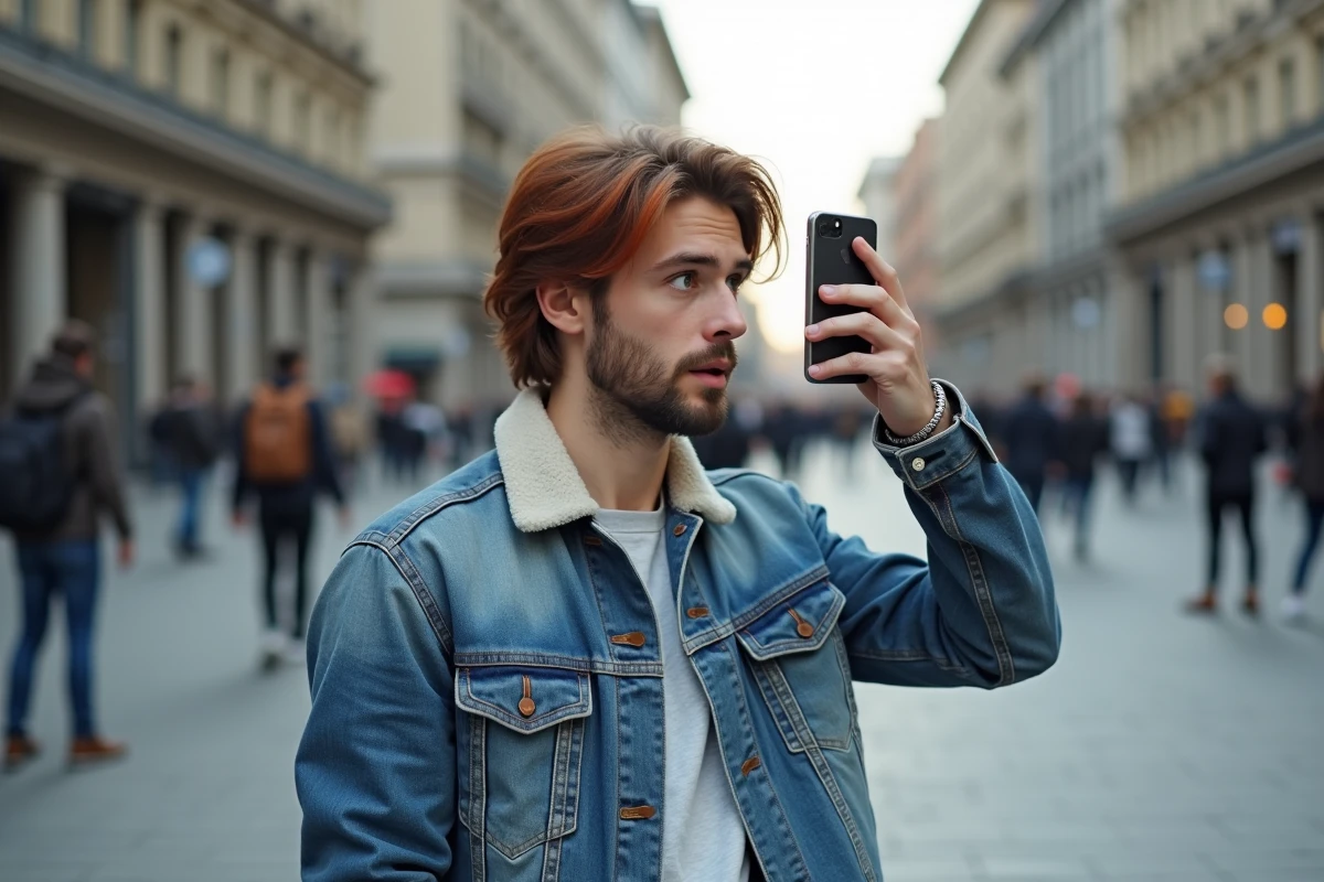 Jeune homme en ville montre ses cheveux orange