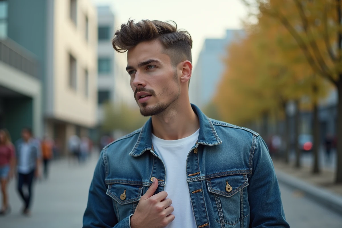 Jeune homme en fade haircut dans une place urbaine dynamique