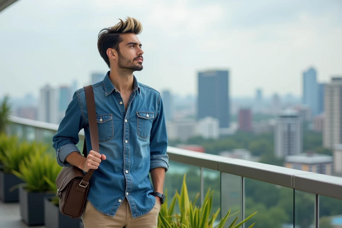 Jeune homme urbain regardant la ville depuis une terrasse