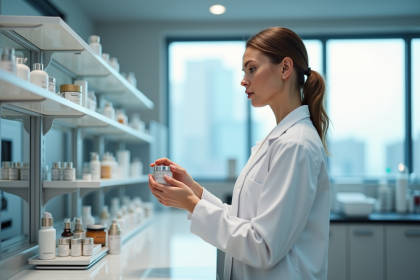 Femme en blouse blanche examine des contenants cosmétiques dans un laboratoire