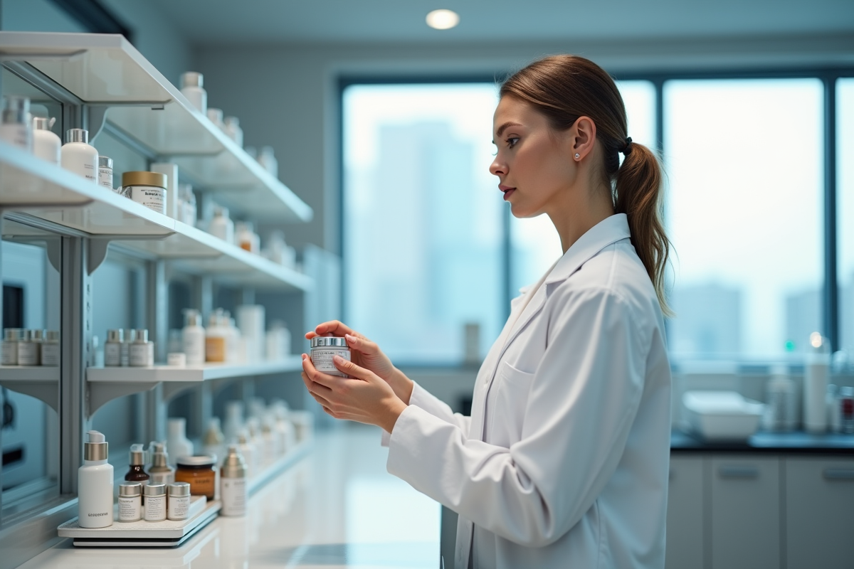 Femme en blouse blanche examine des contenants cosmétiques dans un laboratoire