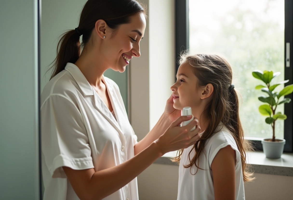 Maman lavant doucement les cheveux de sa fille avec shampoing naturel