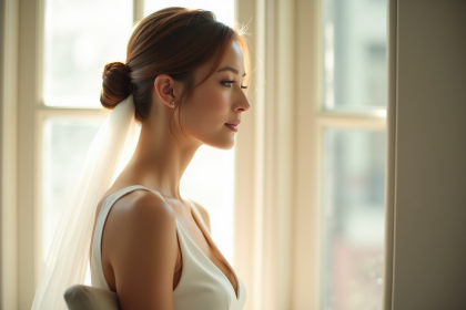 Mariée assise près d'une fenêtre lumineuse avec coiffure simple et robe blanche