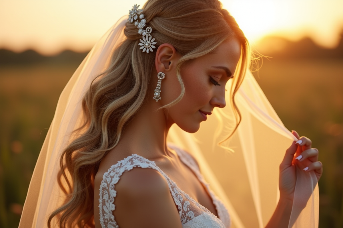 Mariée en extérieur ajustant son voile lors du golden hour avec accessoires délicats