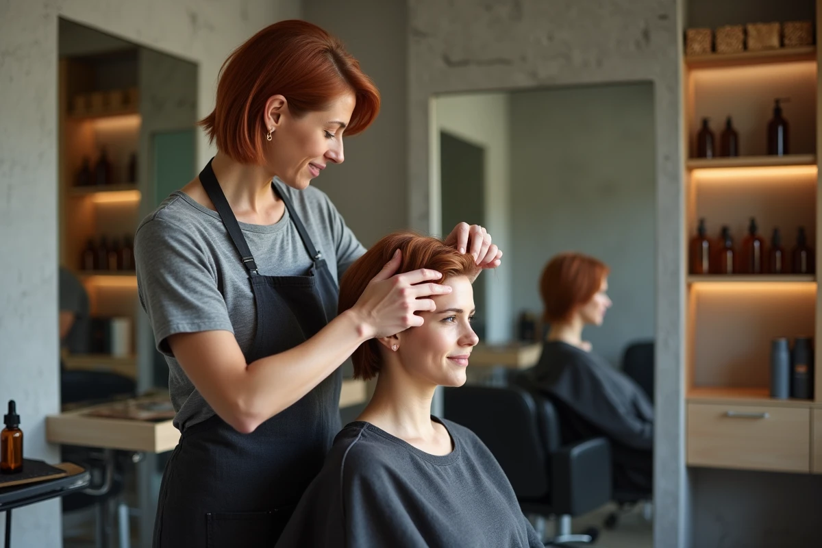 Coiffeuse professionnelle réalisant un massage du cuir chevelu avec un sérum dans un salon moderne