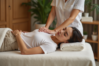 Femme détendue recevant un massage dans un spa cosy