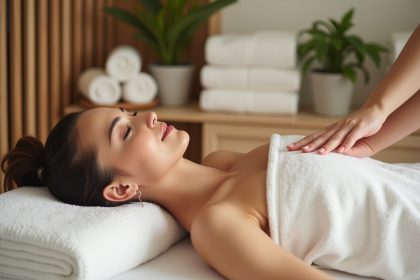 Femme détendue recevant un massage dans un spa apaisant