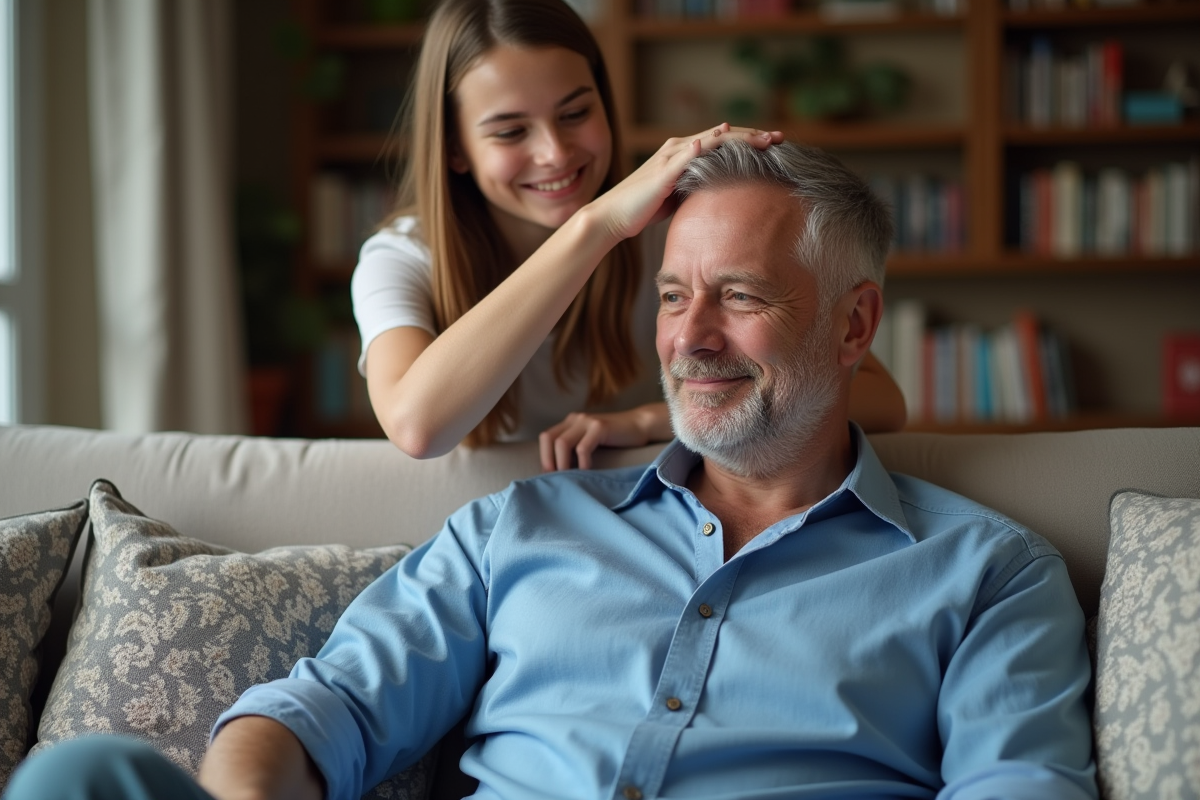 Fils massant la tête de sa mère dans un salon cosy