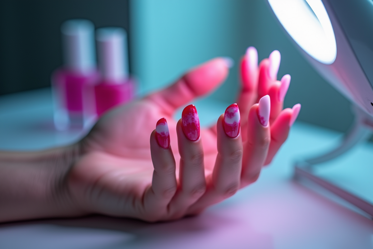 Ongles en gel brillants sous lampe UV avec outils de manucure