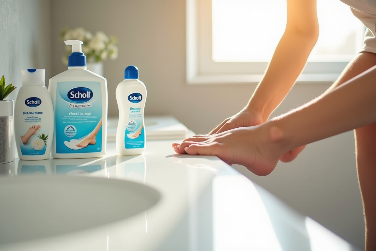 Produits de soin pour les pieds Scholl sur un comptoir de salle de bain avec une personne appliquant une creme
