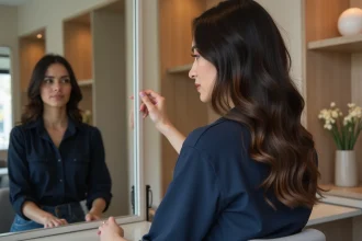 Femme dans un salon moderne se regardant dans le miroir avec ses cheveux mis en valeur