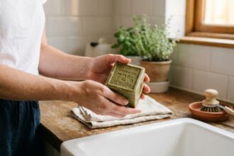 Femme tenant un cube de savon de Marseille au bord d'un évier en céramique blanche dans une cuisine provençale