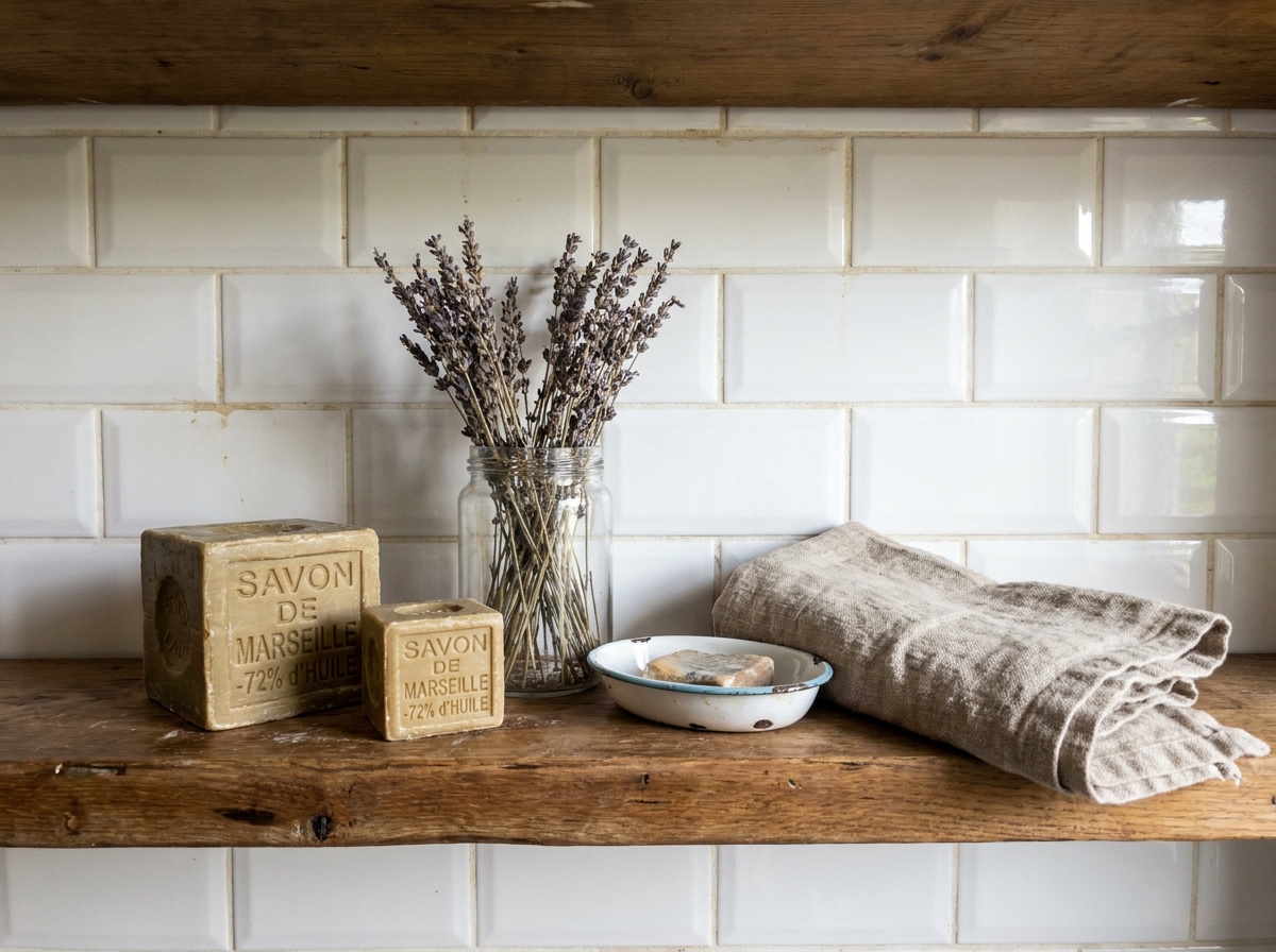 Étagère en bois rustique dans une salle de bain à l'ancienne avec des savons de Marseille, de la lavande et une serviette en lin