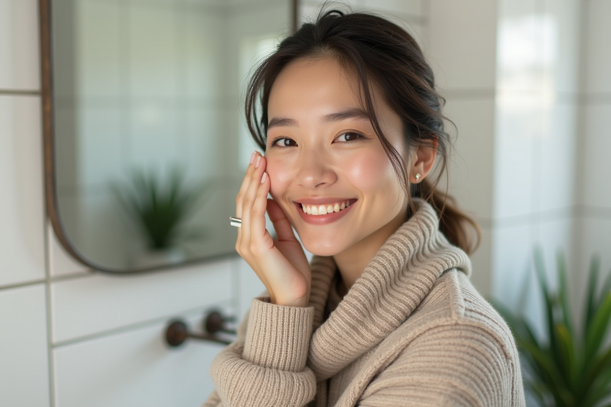 Femme appliquant un serum visage dans une salle de bain moderne