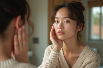 Femme se regardant dans le miroir en soin visage naturel