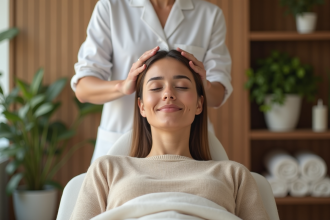Femme recevant un massage du cuir chevelu dans un spa