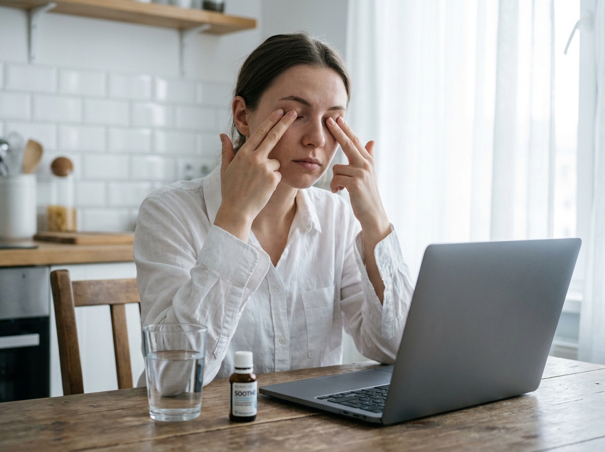 Jeune femme soulageant la fatigue oculaire causée par les écrans avec un massage des yeux dans sa cuisine