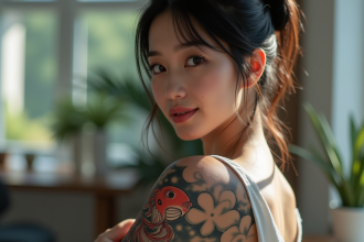 Jeune femme montrant un tatouage koi traditionnel sur le bras