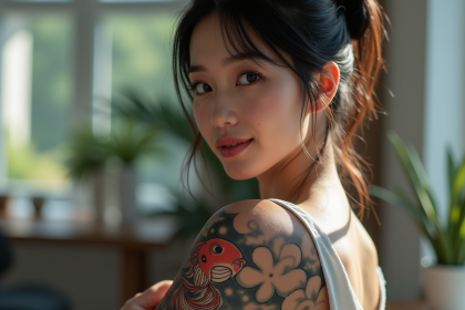 Jeune femme montrant un tatouage koi traditionnel sur le bras