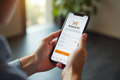 Mains tenant un smartphone affichant frais de livraison
